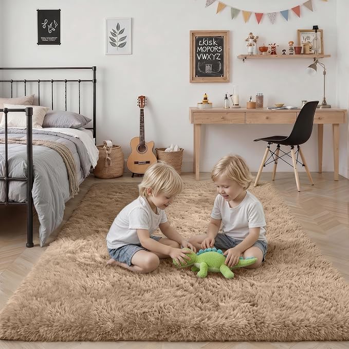 6x9 Area Rugs for Living Room Bedroom: Ultra Soft Fluffy Shag Rug Upgrade Non-Slip Non-Shedding Large Fuzzy Plush Carpet Indoor Floor Carpets for Kids Room Playroom Nursery Dorms Home Decor Beige