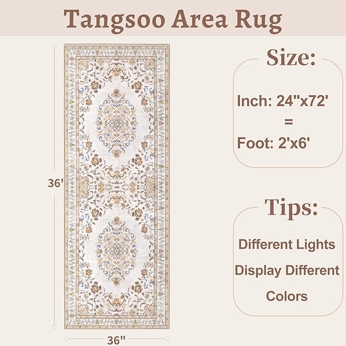 Tangsoo 2x6 Washable Runner Rug Non Slip, Vintage Boho Neutral Hallway Rug for Entry Kitchen, Soft Low Pile Beige Floor Carpet Runner for for Laundry, Bedroom, Living Room Home Decor