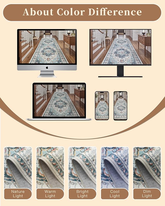 Madane Hallway Runner Rug 3x12 Washable Kitchen Runners 12ft, Blue | Vintage Non Slip Area Rugs for Hallways, Soft Low-Pile Thin Farmhouse Wide Floor Carpet for Entryway Foyer Bathroom Bedroom