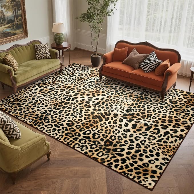 DweIke Leopard Print Rug for Living Room, Machine Washable 6x9 Cheetah Area Rugs for Bedroom, Non-Slip Low Pile Animal Hide Carpet with Rubber Backing for Dining Room Kitchen Home Decor,White Brown