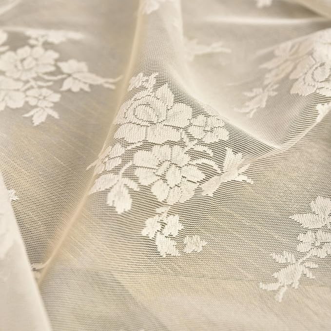 Kotile Short Lace Curtains 30 Inch Length 2 Panels Rustic Floral Retro Beige Kitchen Lace Curtains for Small Window, Rod Pocket Privacy Sheer Cafe Curtain Over Sink Cabinet, 42 x 30 Inch