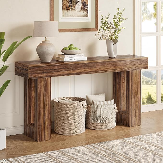 LITTLE TREE 63-Inch Long Console Tables for Entryway, Large Sofa Table Behind Couch, Wooden Entry Foyer Hallway Table, Industrial Console Sofa Tables for Living Room, Rustic Brown