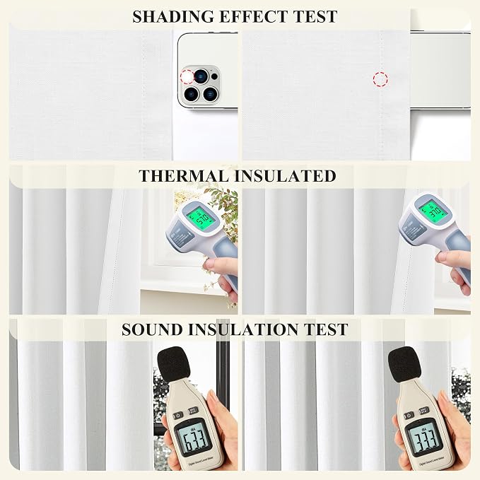 Jowels Off White Linen Blackout Curtains 90 Length 2 Panels Set for Living Room Bedroom, 100% Black Out Thermal Insulated Linen Drapes, Room Darkening Grommet Curtains 90 Inches Long, Off White