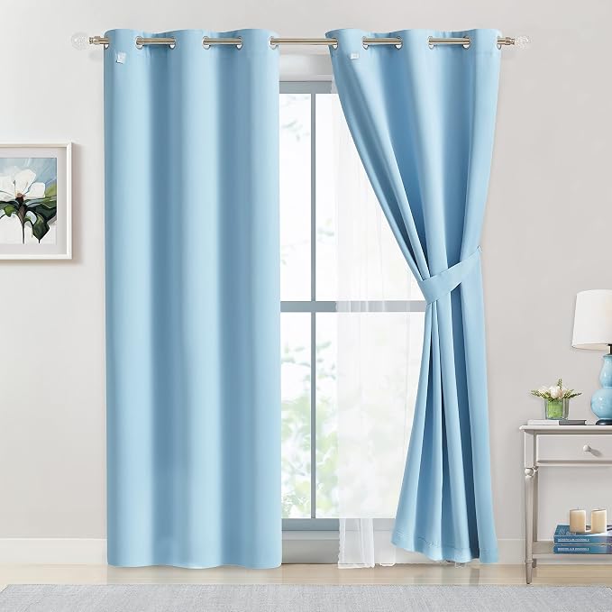 Bujasso Sky Blue 80% Blackout Curtains with Sheer Overlay Mix and Match Double Layer Thermal Insulated Window Panels 63 inch for Living Room Bedroom Blue Drapes with Tiebacks Grommet Top 37" Wx63 Lx2