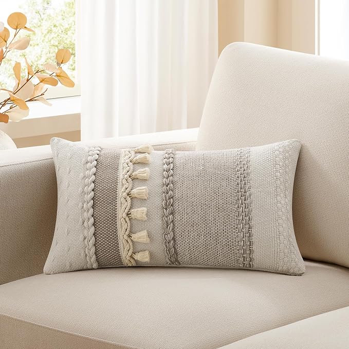 Kevin Textile 14x20 Inch Lumbar Throw Pillow Cover 1 Pack Boho Decorative Cotton Thread Woven Textured Tassel Rustic Farmhouse Rectangle Cushion Cover for Couch Sofa Chair Bed, Khaki