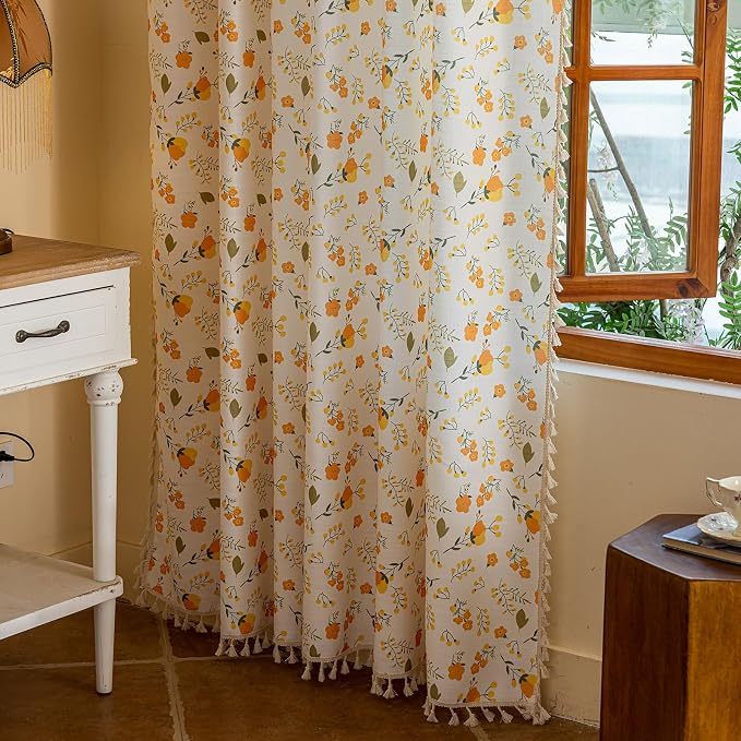 OYX Floral Boho Curtains 2 Panels Short 96 Inch Curtains Patterned Semi Sheer Living Room Drapes Farmhouse Boho Window Curtain Panels with Tassel Beige Rod Pocket Bedroom Drapes