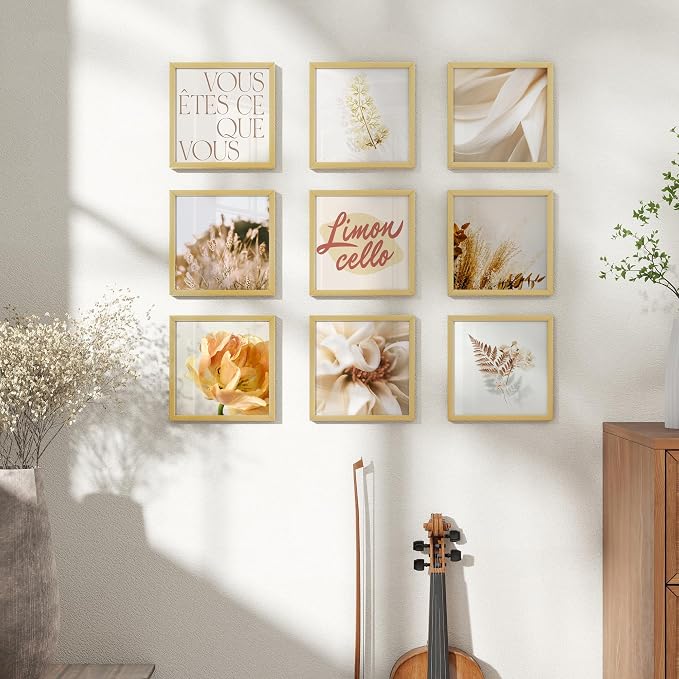 FLYJOE 6x6 Metal Picture Frame - Gold Aluminum Square Frames with Real Glass, Wall Mounting Horizontally or Vertically, Simple and Elegant Decor for Wall Gallery Poster Photo Frames, Gold
