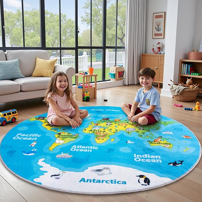 Kids Playroom Rug, 6x6ft Round World Map Rugs with Cute Animals, Washable Durable Soft Carpet Kid Educational Rugs for Boys Girls Bedroom Nursery Classroom