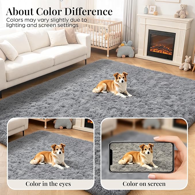 Area Rug for Living Room Bedroom: 8x10 Grey Soft Fluffy Shag Upgrade Non-Slip High Pile Carpet Large Fuzzy Plush Indoor Floor Decor Shaggy Rug for Kid Boys Girls Dorms Playroom Nursery Modern Home