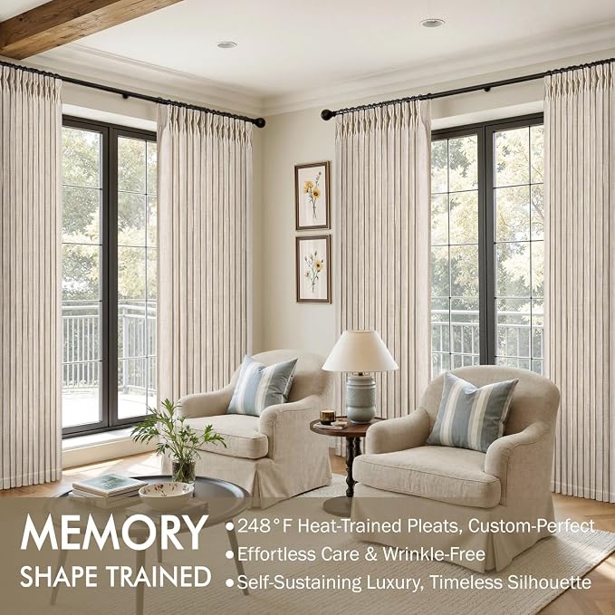 MIULEE Pinch Pleated Thick Linen Curtains 96 Inches Long 2 Panels for Living Room Bedroom, Memory Trained Drapes Pinch Pleat Back Tab Semi Sheer Privacy Neutral Ivory Cream Farmhouse Window Curtains