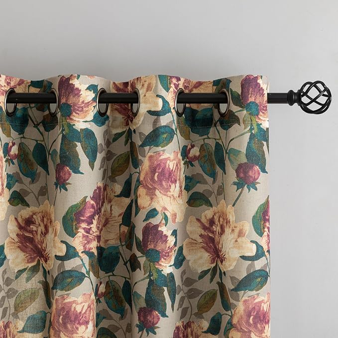 ALIGOGO Vintage Floral Curtains for Living Room - Farmhouse Print Blend Linen Curtains 84 Inch Length 2 Panels, Bohemian Grommet Semi Sheer Doorway Anthro Inspried Decor, 50W x 84 L Inch, Taupe