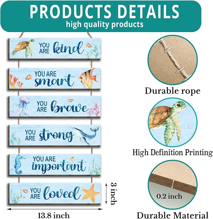 6 Pcs Ocean Decor Kids Room Placards of Wood Decor, Watercolor Ocean Inspirational Positive Quotes Works of art of Wood Wall Art Hanging Sign for Teens Children Bedroom Princess Toddler Room