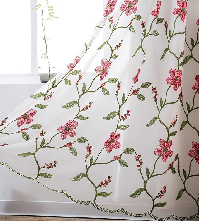 Petrichor Embroidered Sheer Curtain 2 Panels Set - Luxury Window Curtain Attached Valance with Satin Backing and 2 Tie Backs for Living Room,Dining Room, 54x63 inches, Burgundy