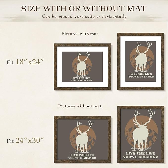 Picrit 24x30 Picture Frame 3 Pack, Wooden Brown Rustic Poster Frame, Display Poster 18 x 24 with Mat or 24x30 without Mat for Horizontal or Vertical Wall Mounting