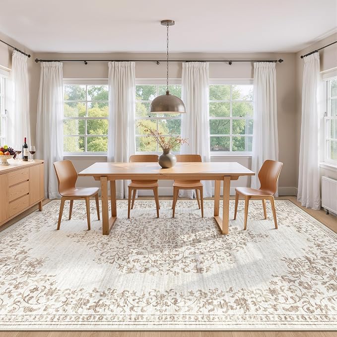 Area Rug 8x10 Vintage Rug: Large Washable Indoor Medallion Rugs Low Pile Distressed Floor Carpet Retro Accent Rug for Living Room Bedroom Kitchen Dining Table Home Office(Vintage Beige, 8'x10')