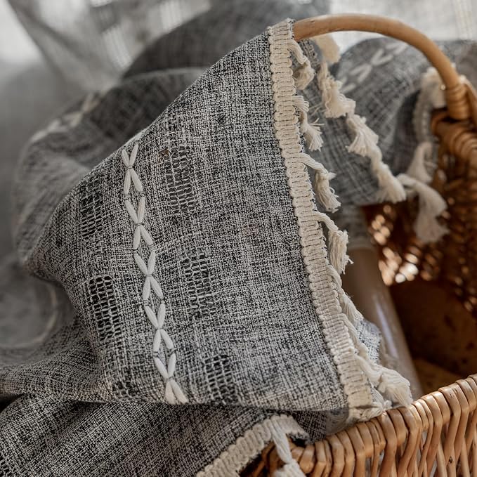 Deeprove Dark Gray Boho Curtain 84 inches Length for Living Room Bedroom Nursery, Bohemian 84 inches Long Art Deco Stripe Sheer Cotton Linen Charocoal Grey Emroidery with Tassel, W52xL84, 1 Panel