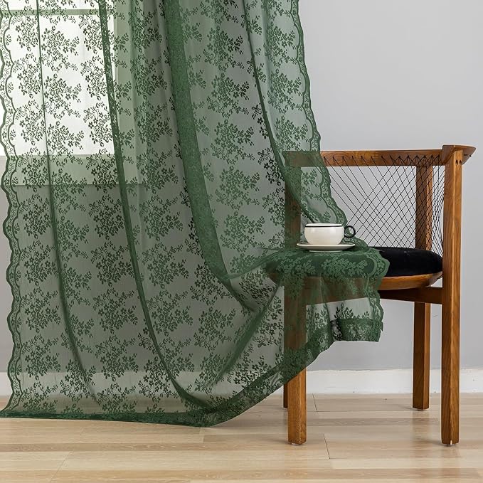 YJ YANJUN Vintage Lace Curtains 45 Inch Length-Victorian Floral Pattern Dark Green Boho Short Sheer Curtain Panels for Bathroom Bedroom,Light Filtering, Bohemian Decor 2 Panels 52W x 45L
