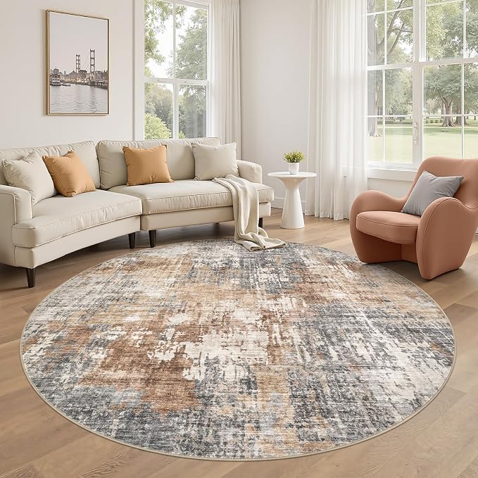 DMOYEST 6ft Round Area Rug Living Room Rugs - 6x6 Washable Large Soft Indoor Neutral Modern Abstract Low Pile Rug Carpet for Bedroom Dining Room Farmhouse Home Office - Grey Brown