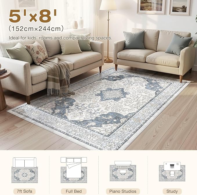 cotiled 5x8 Area Rug Machine Washable Vintage Carpet for Living Room Bedroom Soft Non-Slip Backing Floor Mat Kid & Pet Friendly Stain Resistant Light Blue