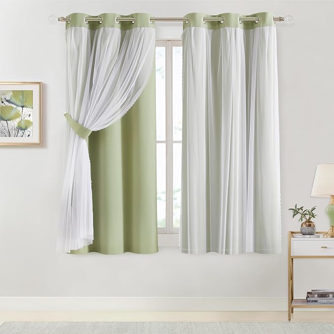 Bujasso Sage Green 90% Blackout Curtains with Sheer Overlay Mix and Match Double Layer Thermal Insulated Window Panels 63 inch Living Room Bedroom Green Drapes with Tiebacks Grommet Top 37" Wx63 Lx2