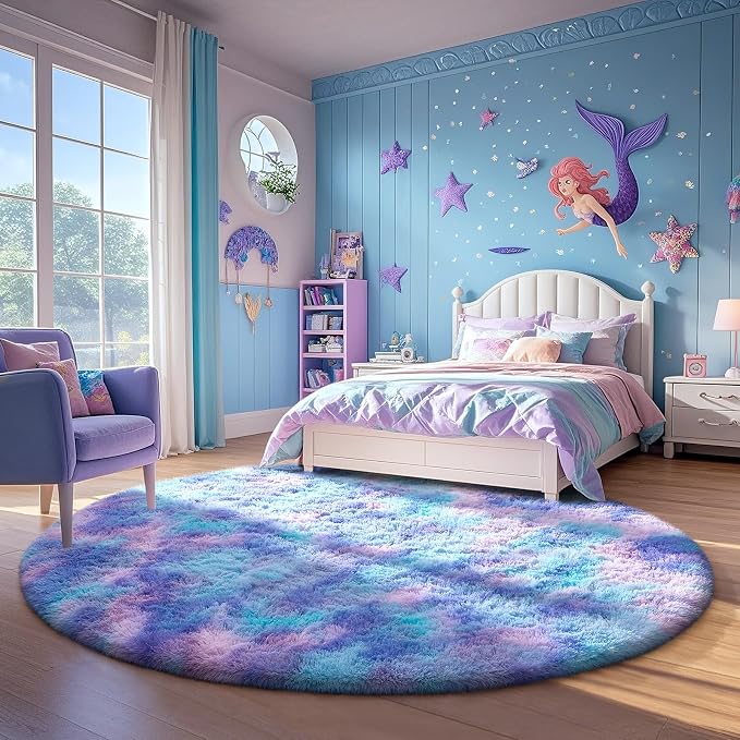 Ophanie Round Rugs 5Ft Tie-Dye Rainbow Purple Area Rug,Aesthetic Room Decor,Fluffy Fuzzy Bedroom Carpet,Plush Soft Shaggy Colorful Living Room Rugs for Kids Home,Nursery with Over 99 pcs Pile fibers