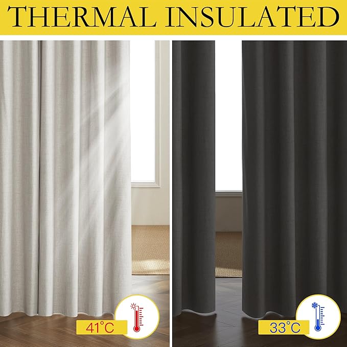 NICETOWN Snowbound Vintage Linen 100% Blackout Curtains for Living Room, Thermal Insulated Curtains 102" Long, Noise Reducing Window Treatment Drapes for Hall Room, 52" Wide Per Panel, Set of 2