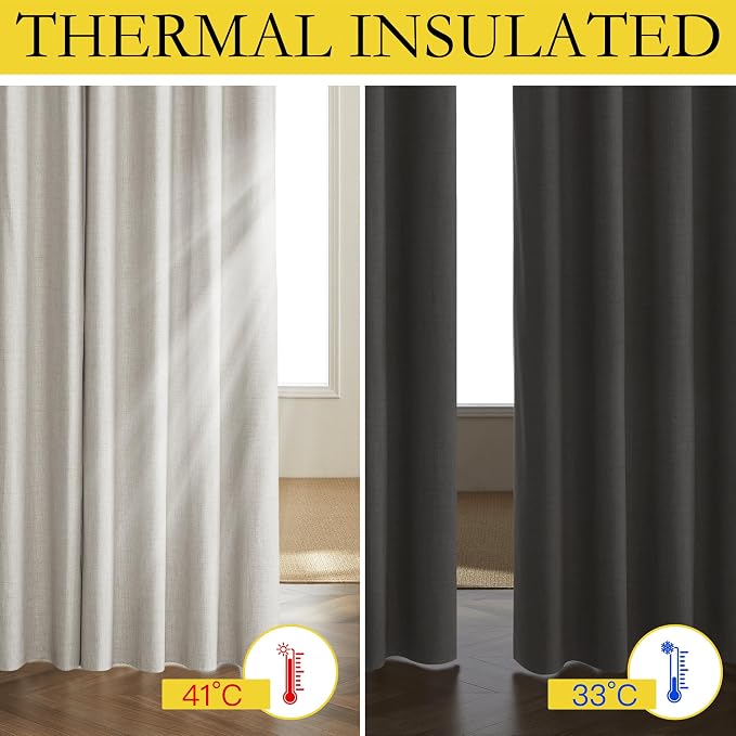 NICETOWN Snowbound Vintage Linen 100% Blackout Curtains for Living Room, Thermal Insulated Curtains 63" Long, Noise Reducing Window Treatment Drapes for Hall Room, 52" Wide Per Panel, Set of 2