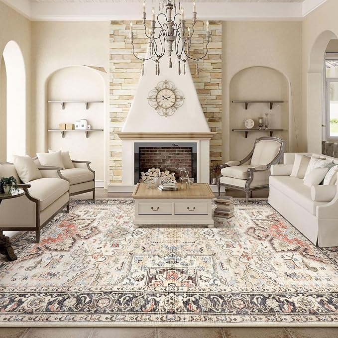 Area Rug for Living Room - 7x9 Soft Washable Oriental Vintage Floral Distressed Large Carpet - Fade Stain Resistant Non Slip Rugs for Bedroom Dining Room Nursery Dorm Office Home Decor - Multi