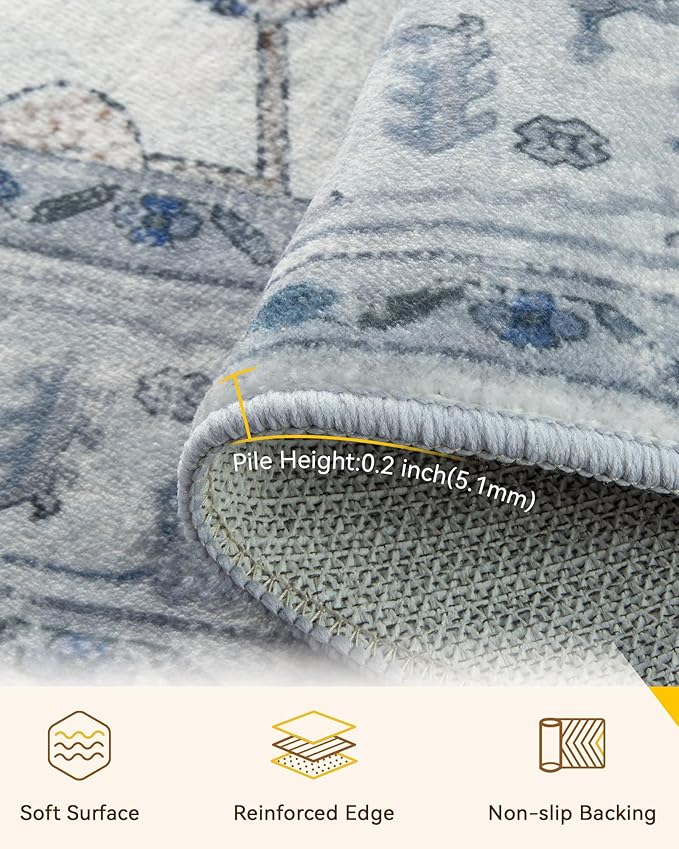 RELEANY Area Rugs Round 10ft Washable Non-Slip, Floral Vintage Distress Medallion Carpet for Living Room Bedroom Dining Room, Light Blue Navy Gray White