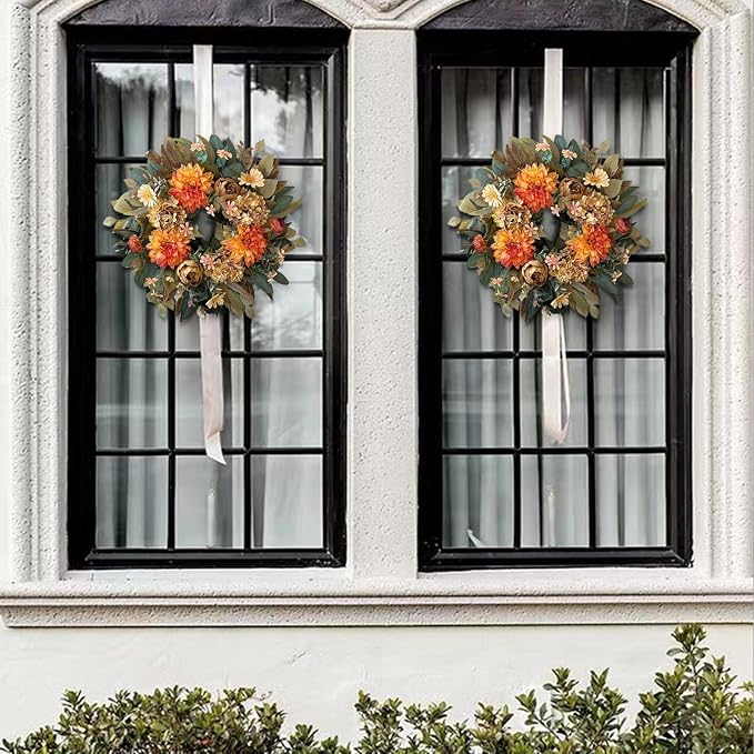 WANNA-CUL 24in Fall Front Door Wreath Dahlia Hydrangea Peony Table Decor | Twig-base autumn wreath with storage box for yearly reuse, ideal Thanksgiving indoor & covered outdoor seasonal gift