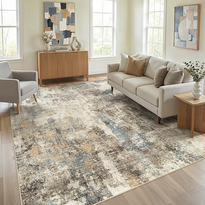 WITSHOCK Area Rugs 8x10 Living Room Rug - Washable Neutral Soft Low Pile Non-Slip Modern Abstract Thin Large Indoor Carpet for Bedroom Dining Room Nursery Office - Brown/Teal/Blue