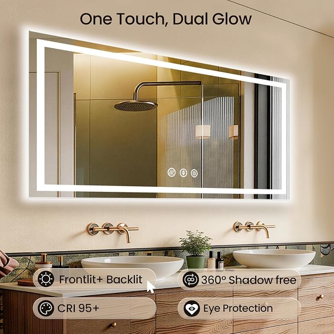 72X36 LED Bathroom Mirror with Lights, Anti-Fog, Backlit + Front Lit, Lighted Bathroom Vanity Mirror for Wall, Memory Function, Dimmable, Tempered Glass, Shatter-Proof