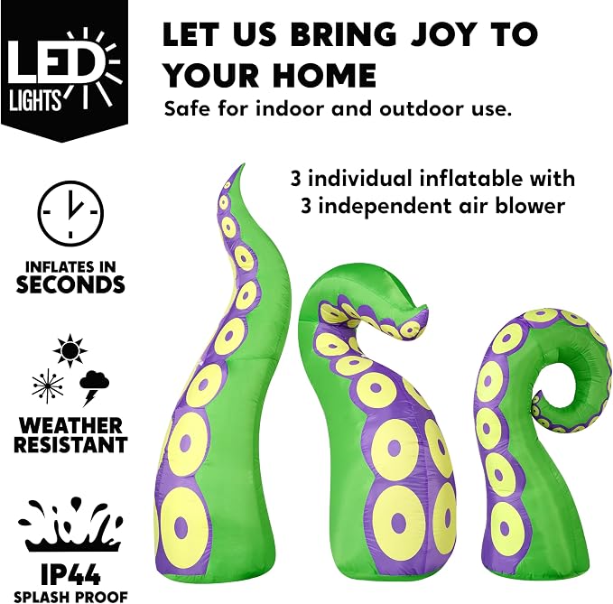 Joiedomi 3 Pcs Halloween Inflatables Green Octopus Tentacle Outdoor Decorations, Octopus Tentacle with Build-in LEDs Halloween Window Decoration with Light Blow Up for Yard Party Decors Outside