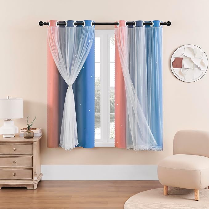 XiDi Curtains for Bedroom Decor, Rainbow PinkGreyBlue-34-45