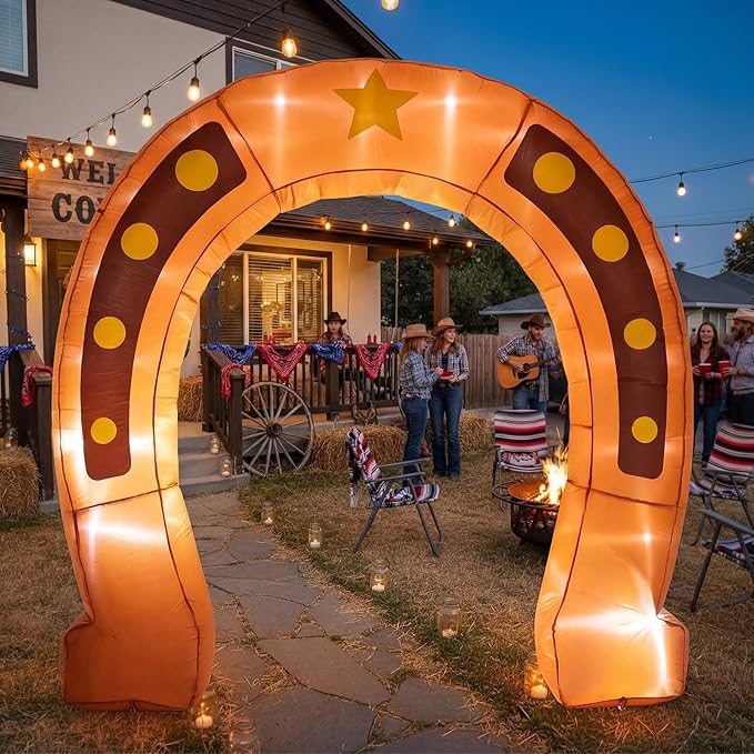 Seenelling 9 ft Western Party Giant Inflatable Archway Decoration, Cowboy Horseshoe Arch Built-in LED Lights for Western Themed Party Birthday Indoor Outdoor Supplies