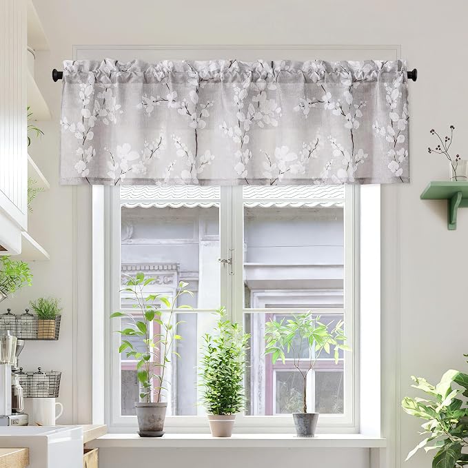 FMFUNCTEX Valance Curtains for Kitchen Window Living Room 15" White Blossom Print Short Valance for Bathroom Floral Window Treatment Set 54”W Tan Rod Pocket 1 Panel