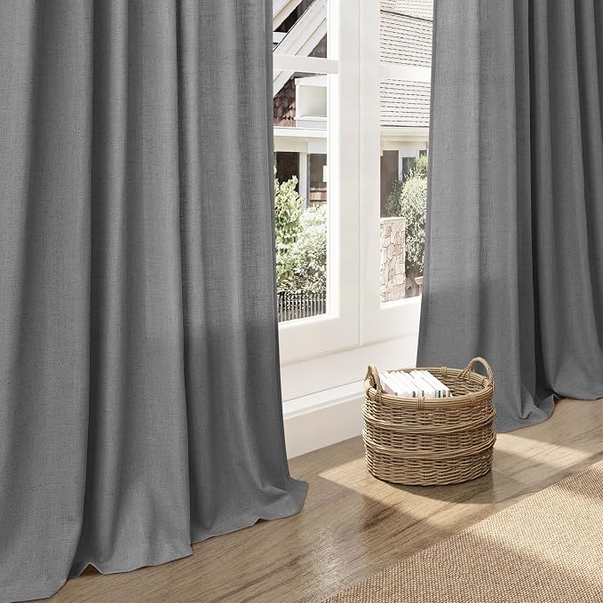 Dark Grey Linen Extra Long Curtain 108 Inches Long 2 Panels Set Back Tab Drapes for Bedroom Lively Farmhouse Light Filtering Semi Sheer Linen Curtains 108 Inch Length for Large Window 52x108