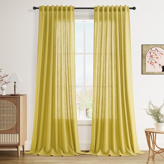 Celery Yellow Curtains 96 Inch Long 2 Panels Set Back Tab Rod Pocket Linen Blend Textured Semi Sheer Light Filtering Boho Decor Curtains Aesthetic Room Decor for Bedroom and Living Room 8Ft 52x96 Inch