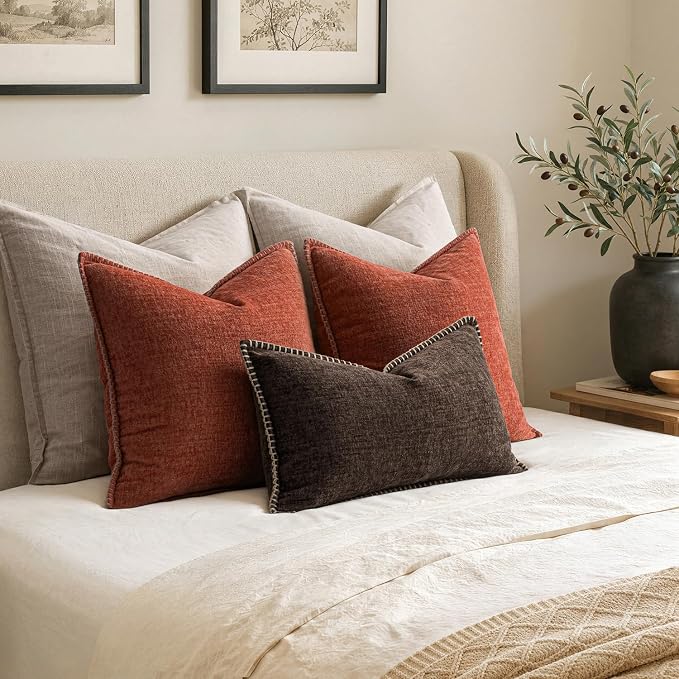 MIULEE Pack of 2 Lumbar Throw Pillow Covers 12x20 Inch Dark Brown Farmhouse Decorative Pillow Covers with Stitched Edge Soft Chenille Solid Dyed Pillow Covers for Couch Sofa Bed Living Room