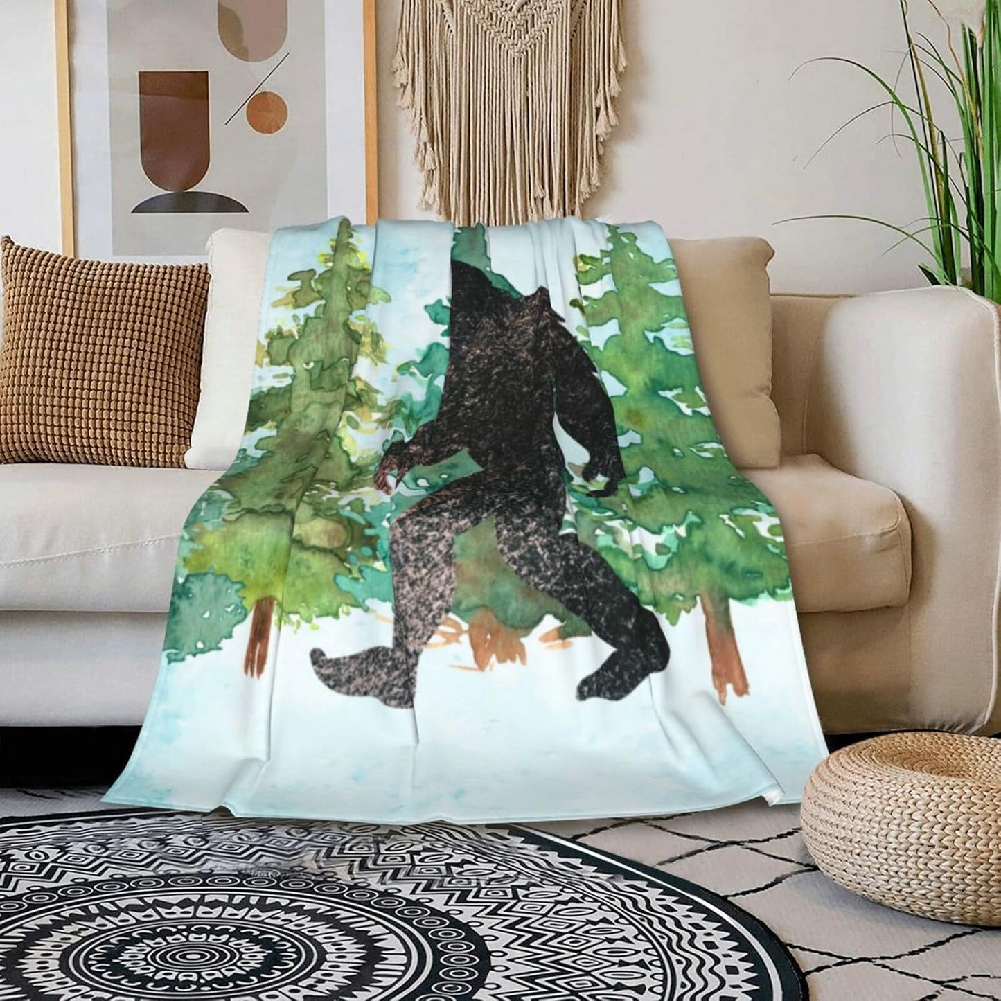 HGOD DESIGNS Sasquatch Watercolor Flannel Fleece Bed Blanket Throw Blanket Lightweight Cozy Plush Blanket for Bedroom Living Rooms Sofa Couch 40"x50"