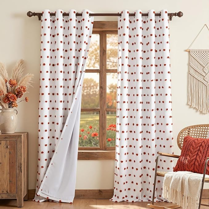 MYSKY HOME Boho Blackout Curtains for Bedroom with Brick Red Pom Pom Sheer 90 Inch Long 100% Room Darkening Thermal Insulated Curtain for Kids Nursery Living Room Grommet 52" x 90", 2 Panels