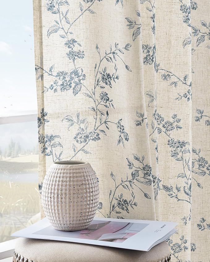 jinchan Blue Floral Linen Curtains 63 Inch French Country Back Tab 2 Panels | Flower patterned, short drapes, farmhouse, light filtering, bedroom, living room, kitchen, small window treatment, rod pocket