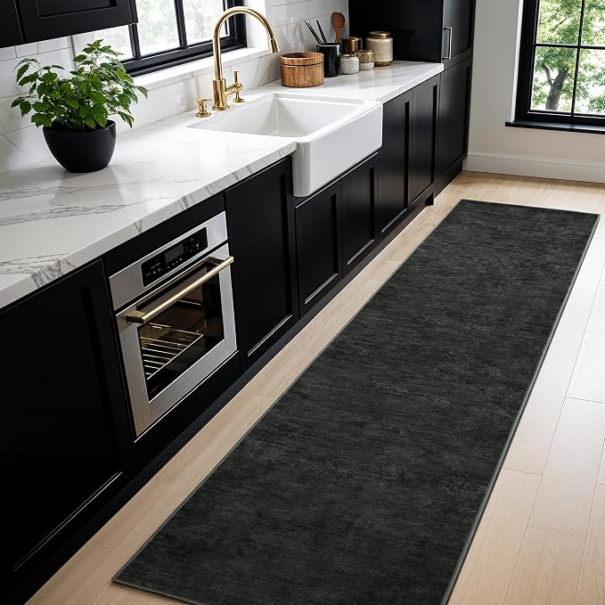 2.7x8 Washable Area Rug, Black Solid Area Rugs for Living Room & Bedroom | Stain-resistant & Non-slip backing,Low Pile Washable Large Carpet, Solid Vintage Style For High Traffic Areas(2.7x8,Black)