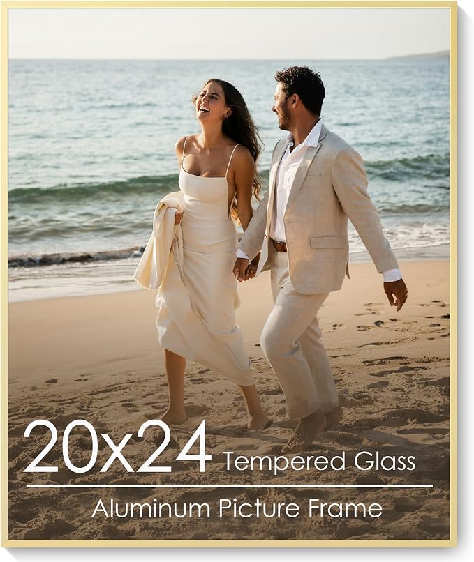 20x24 Metal Picture Frame, Aluminum Poster Frame with Real Glass, Gold | Elegant Gold 24x20 Frame with Tempered Glass for Wall Display, Posters, Art & Photos | Wall Kit Included