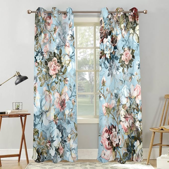 Renaiss Blue Rose Floral Blackout Curtains, Light Blue Watercolor Flowers Blossom Bedroom Window Curtains, Vintage Grommet Window Drapes for Living Room 53W x 84L 2 Panels Set