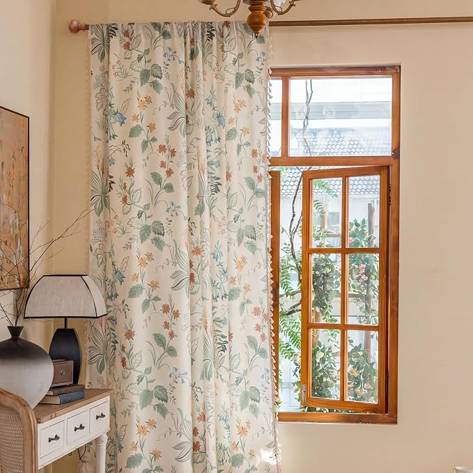 OYX Boho Floral Curtains 96 Inch, Linen Farmhouse Flower Drapes with Lace & Tassels, Light Filtering Semi Sheer Curtains for Living Room Bedroom, 2 Panels