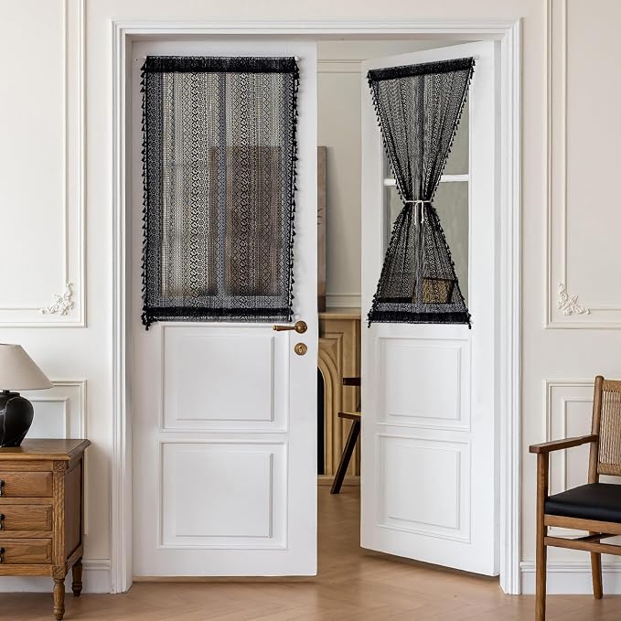 Sutuo Home Black French Door Curtains for Drapery Glass & Sidelights, Boho French Country Style Tassels Vintage Drapes Window Curtains for Front Door Patio Decor, Rod Pocket 2 Panels 25" W x 40" L