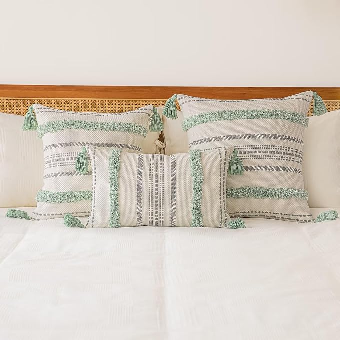Boho Throw Pillow Covers 20x20 Set of 2 Woven Tufted Farmhouse Pillows Cover with Tassels Textured Striped Cushion Case Neutral Pillow Cases Decorative Pillowcase for Sofa, Couch, Bed, Light Green