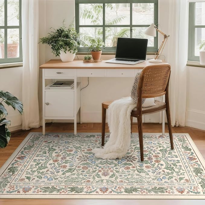 Floral Indoor Entrance 4x6 Area Rug, Washable Vintage Boho Entryway Rugs, Low Pile Non Slip Soft Carpet for Kitchen, Bedroom Beside, Laundry Room, Office Rug, Living Room, Nursery Room， Beige Green