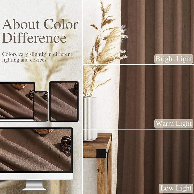 Nanspring Caramel Brown Linen Curtains for Living Room 105 Inches Long Back Tab Light Filtering Semi Sheer Vintage Rustic Curtain Luxury Boho Decor Drapes for Bedroom Office 52x105, 2 Panels